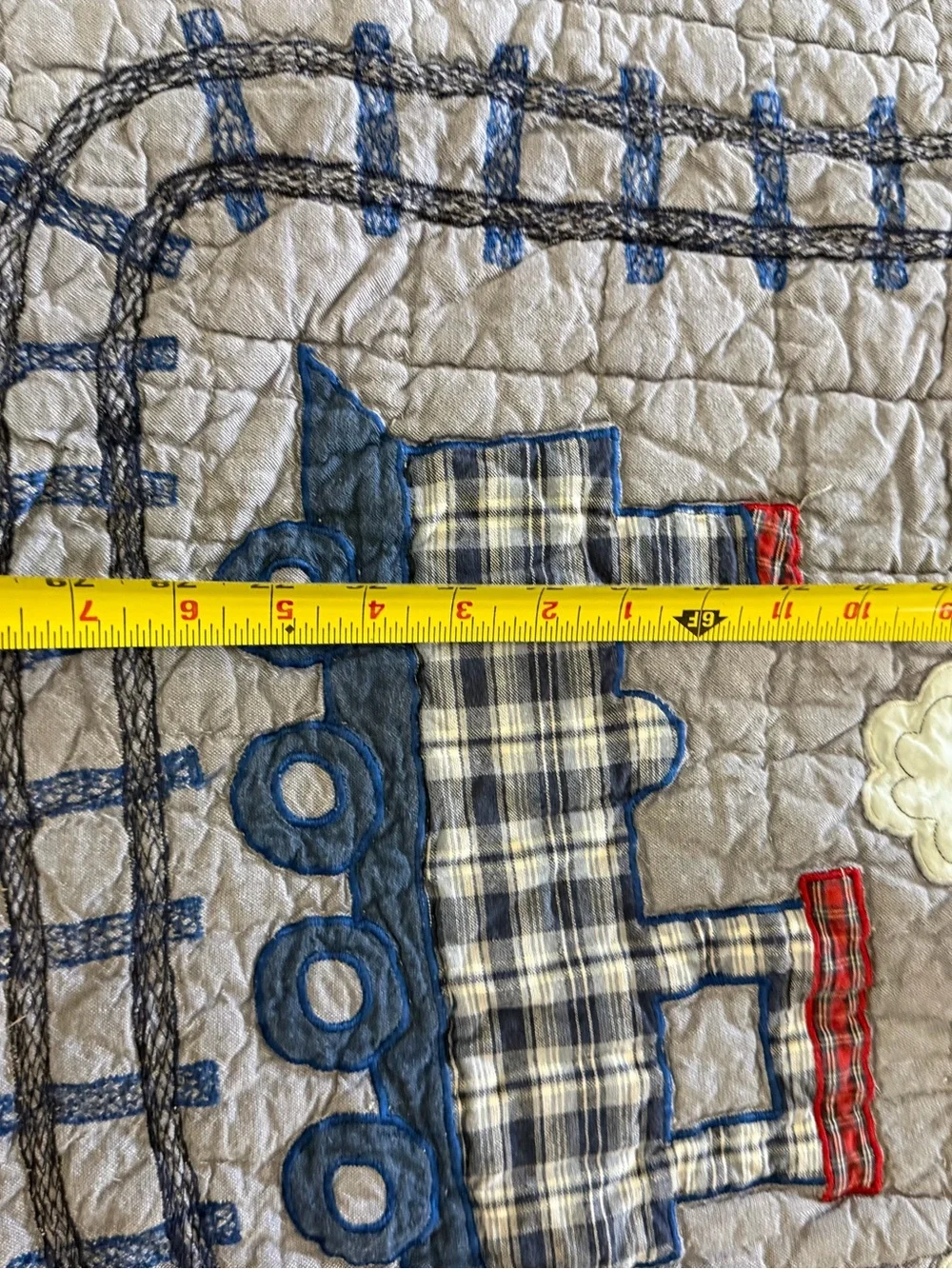 The Company Store CHOO-CHOO TRAINS Blue Red Plaid Chambray Kid Twin Quilt 83x63”